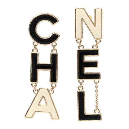 Chanel Metal Enamel Cha-Nel Logo Drop Earrings Black White 1 of 5