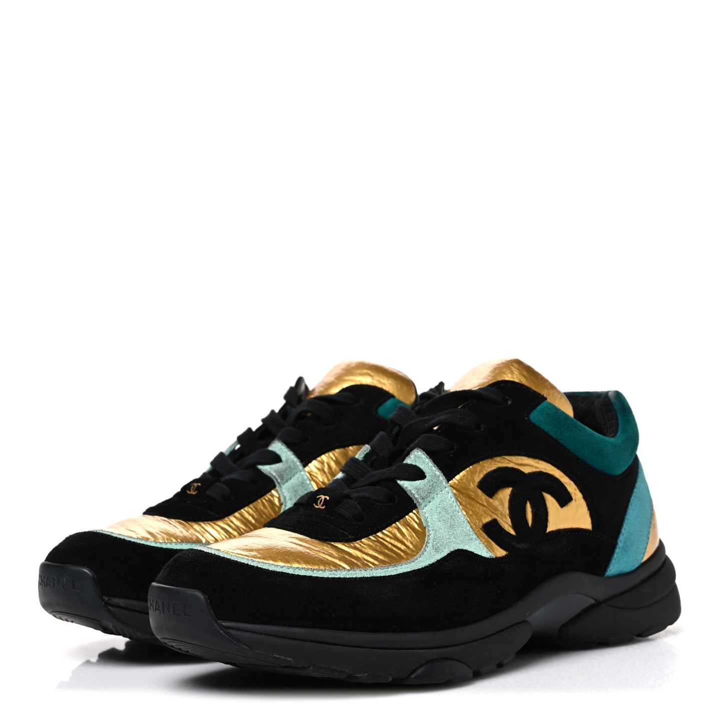 Fabric Calfskin Suede CC Womens Sneakers 39 Black Turquoise Gold 39 Black Turquoise Gold
