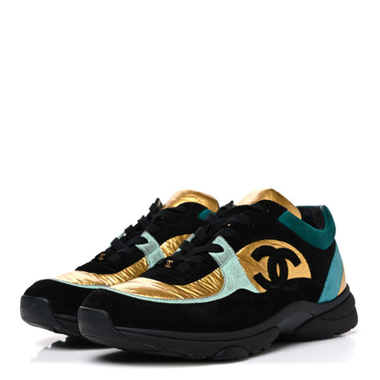 Chanel Fabric Calfskin Suede CC Womens Sneakers 39 Black Turquoise Gold 39 Black Turquoise Gold 4 of 10