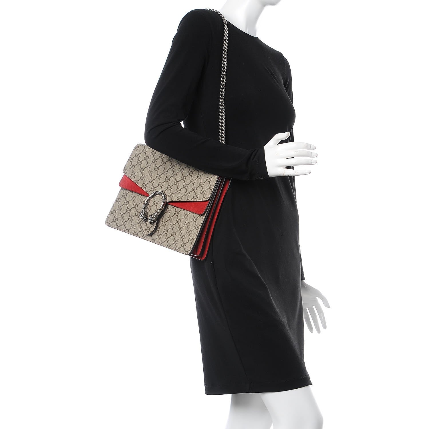 Gucci GG Supreme Monogram Suede Cudu Medium Dionysus Shoulder Bag Beige Ebony Vulcanic Red 2 of 7