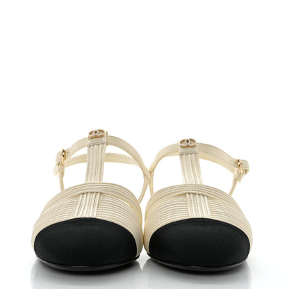 Chanel Lambskin Grosgrain Pearl CC Cap Toe Open Sandals 37 Ivory Black 2 of 10