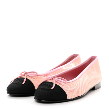 Chanel Sequin Grosgrain Cap Toe Ballerina Flats 38.5 Pink Black 3 of 8