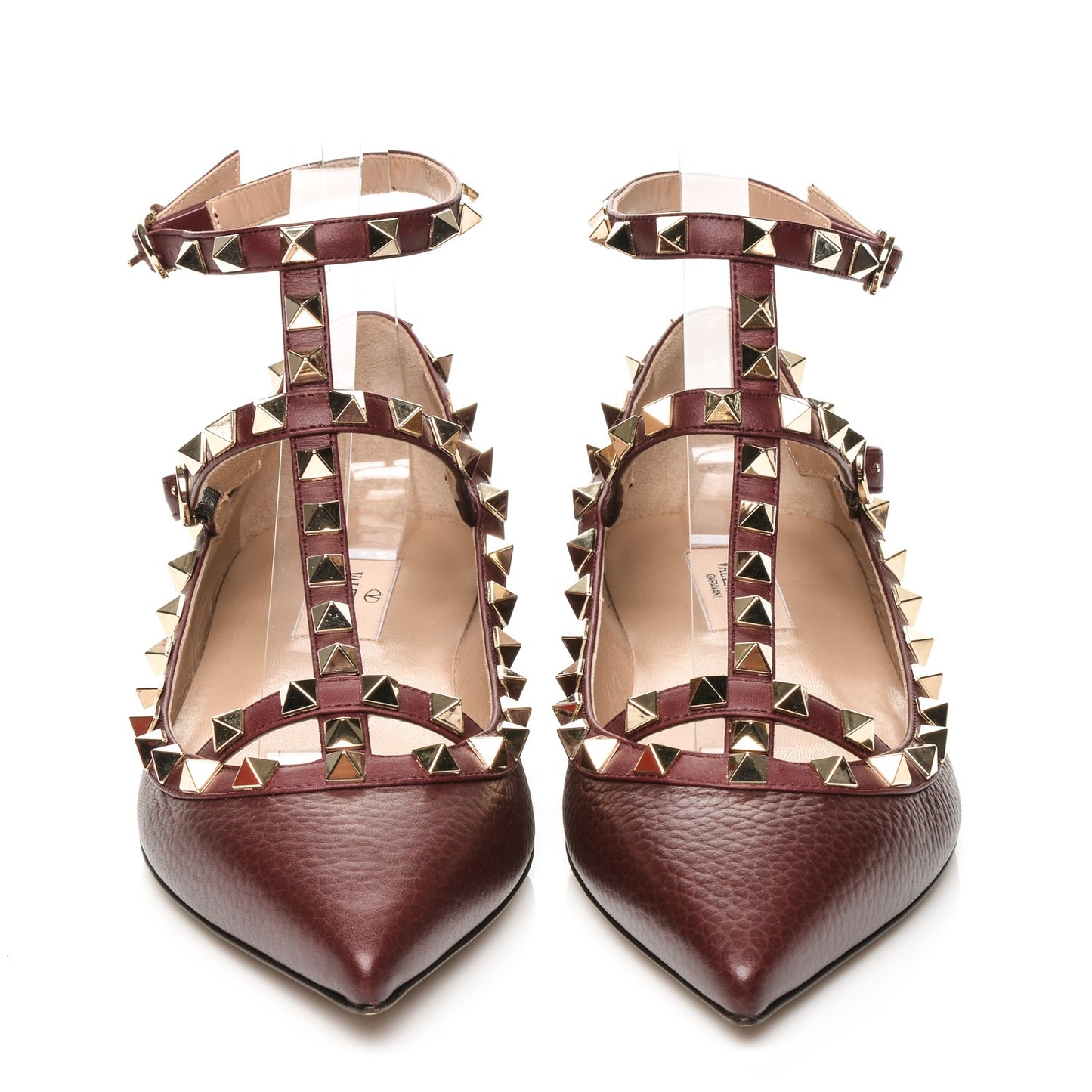 Pebbled Calfskin Rockstud Cage Ballerina Flats 37 Rubin