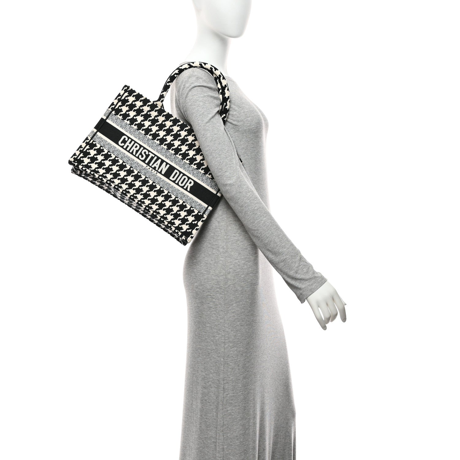 Christian Dior Canvas Houndstooth Embroidered Medium Book Tote Black White 2 of 10