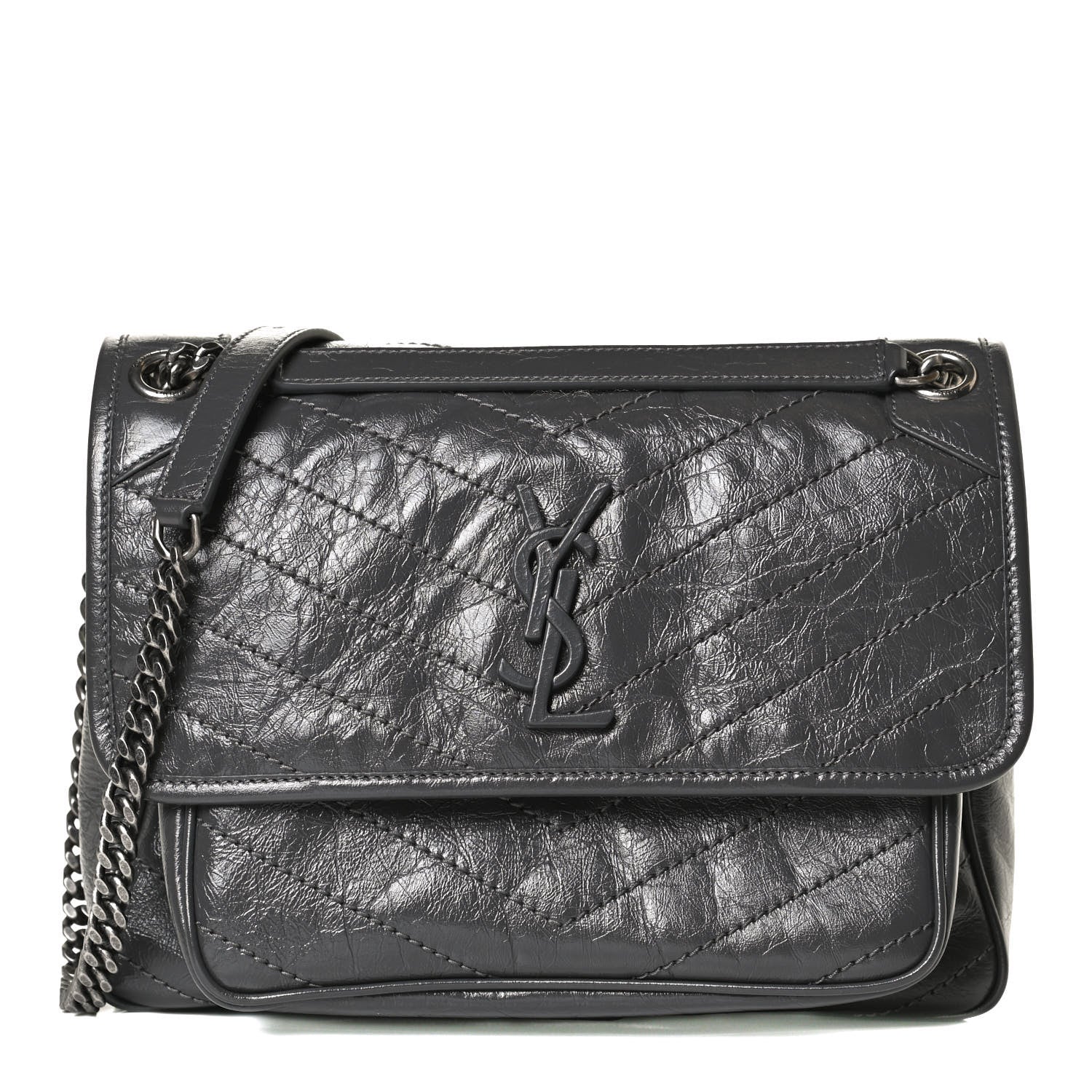 Saint Laurent Crinkled Calfskin Matelasse Monogram Medium Niki Chain Satchel Storm 1 of 12