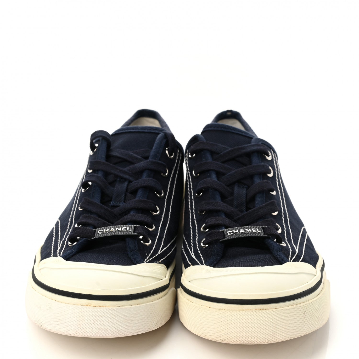 Chanel Canvas Lace Up Cap Toe Sneakers 42 Navy 2 of 8