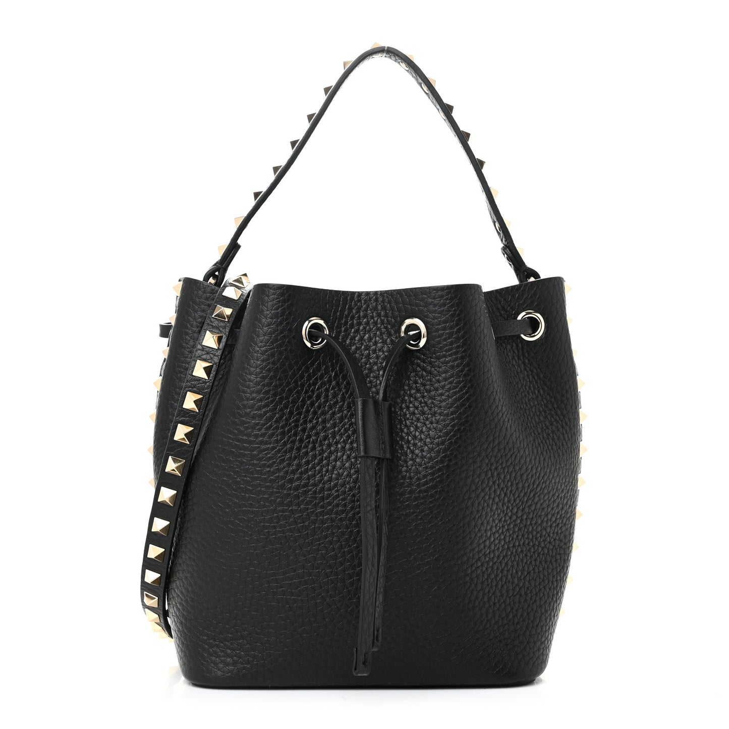 Grained Calfskin Rockstud Bucket Bag Black