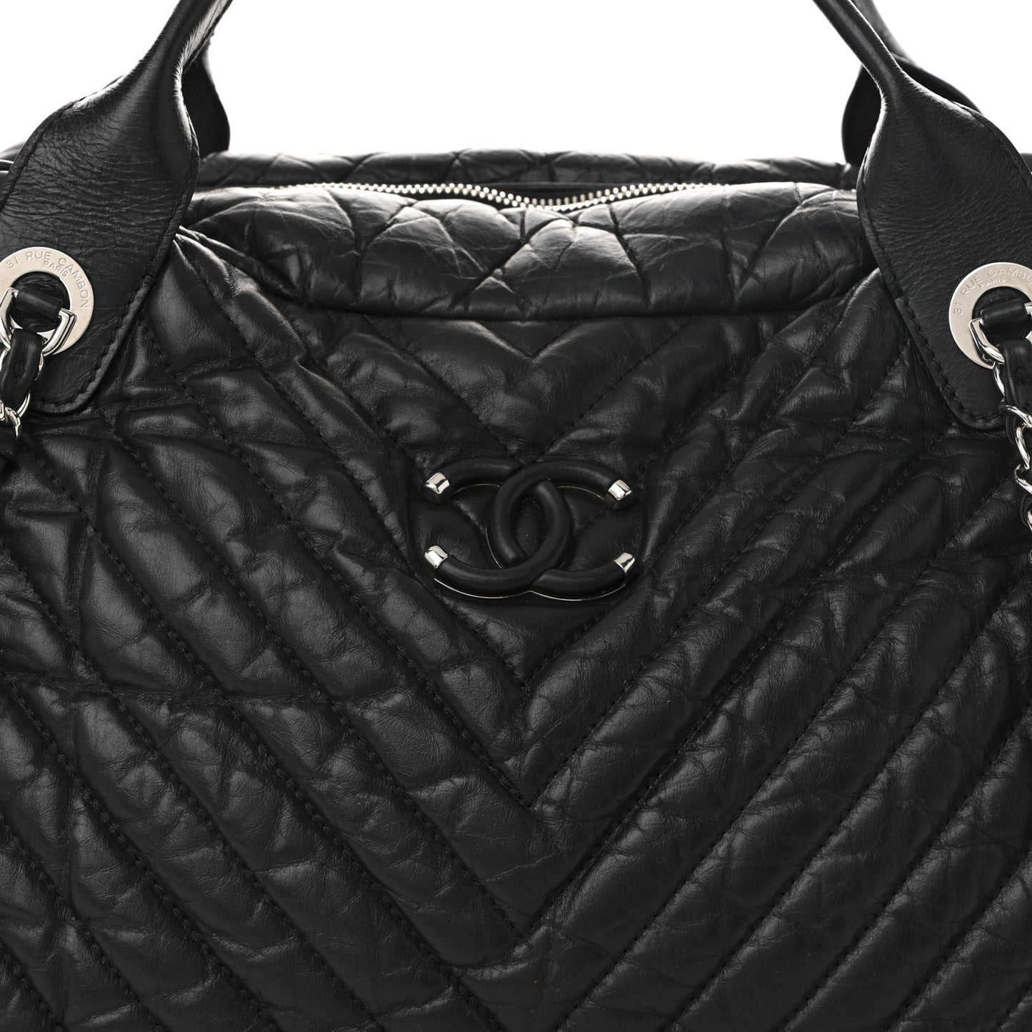 Aged Calfskin Chevron Large Soft Bowling Bag Black