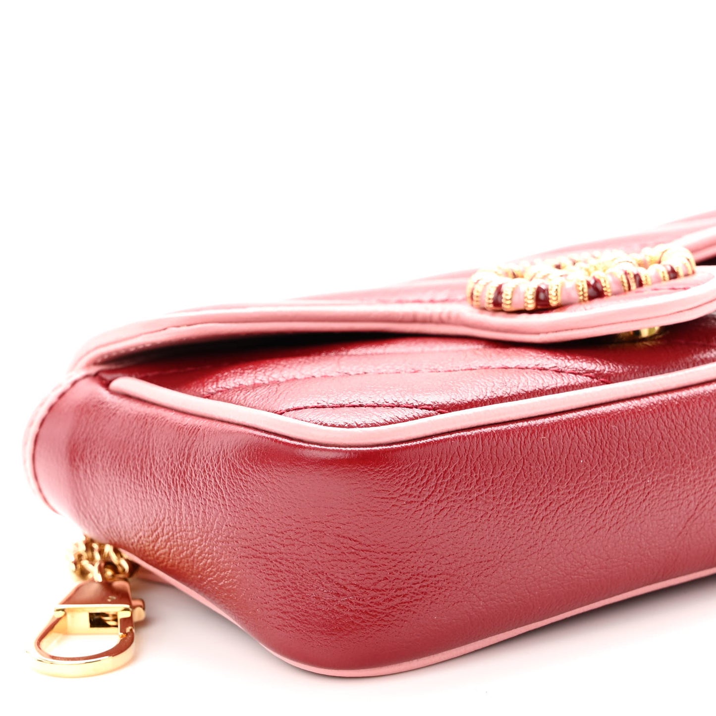 Azalea Calfskin Enamel Matelasse Diagonal Super Mini Torchon GG Marmont Shoulder Bag New Cherry Red Wild Rose