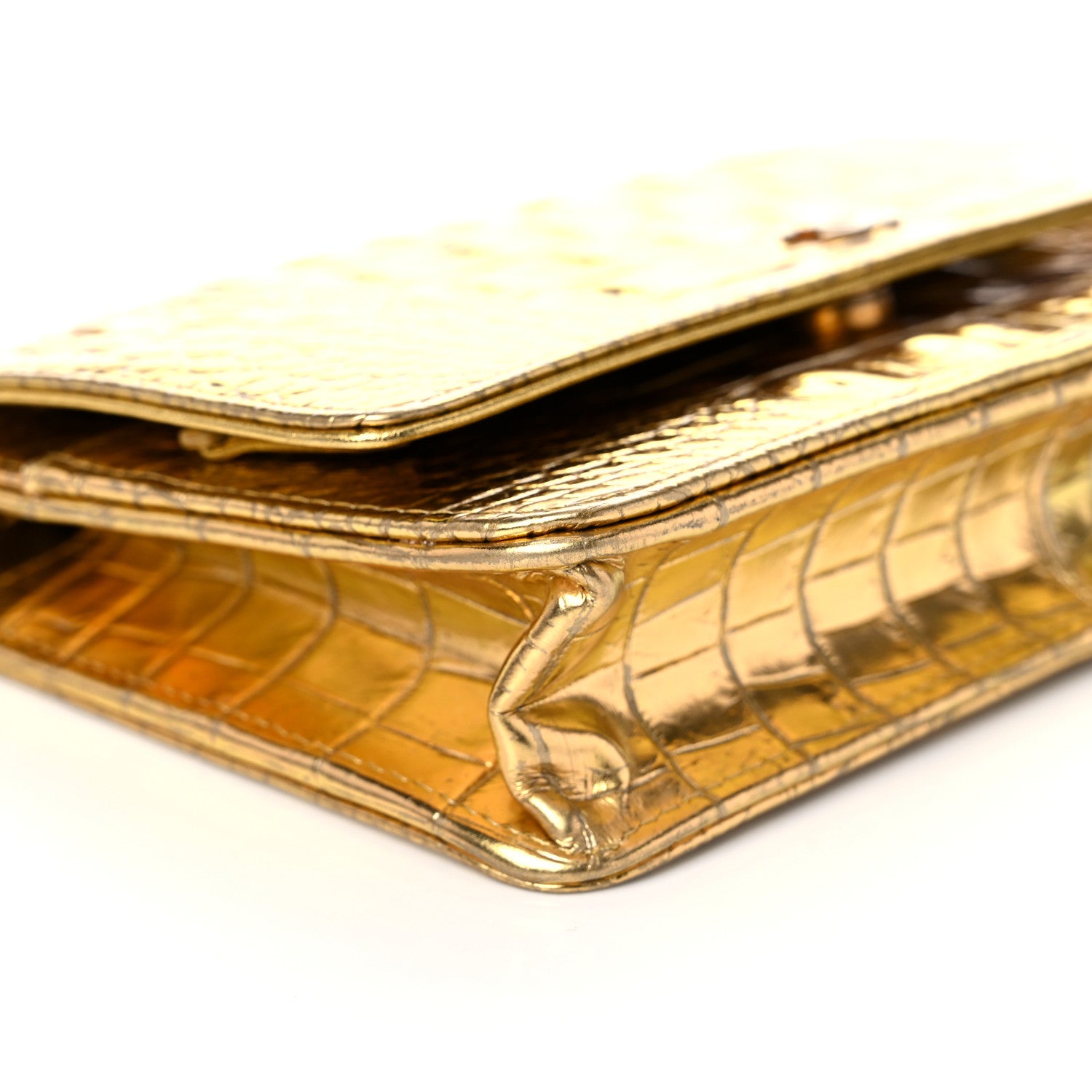 Chanel Metallic Calfskin Crocodile Embossed Cocodile Wallet On Chain WOC Gold 9 of 15