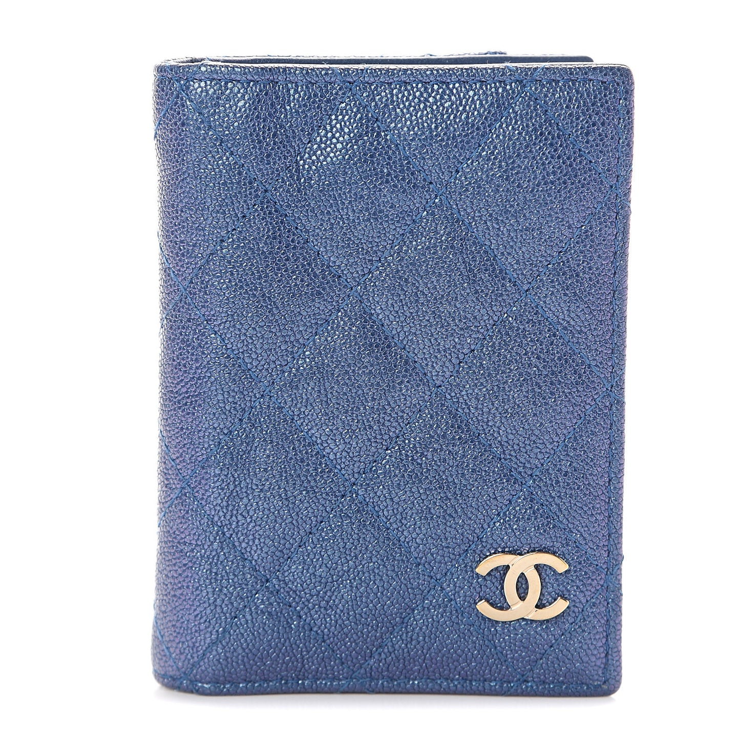 Iridescent Caviar Quilted Card Holder Wallet Dark Blue