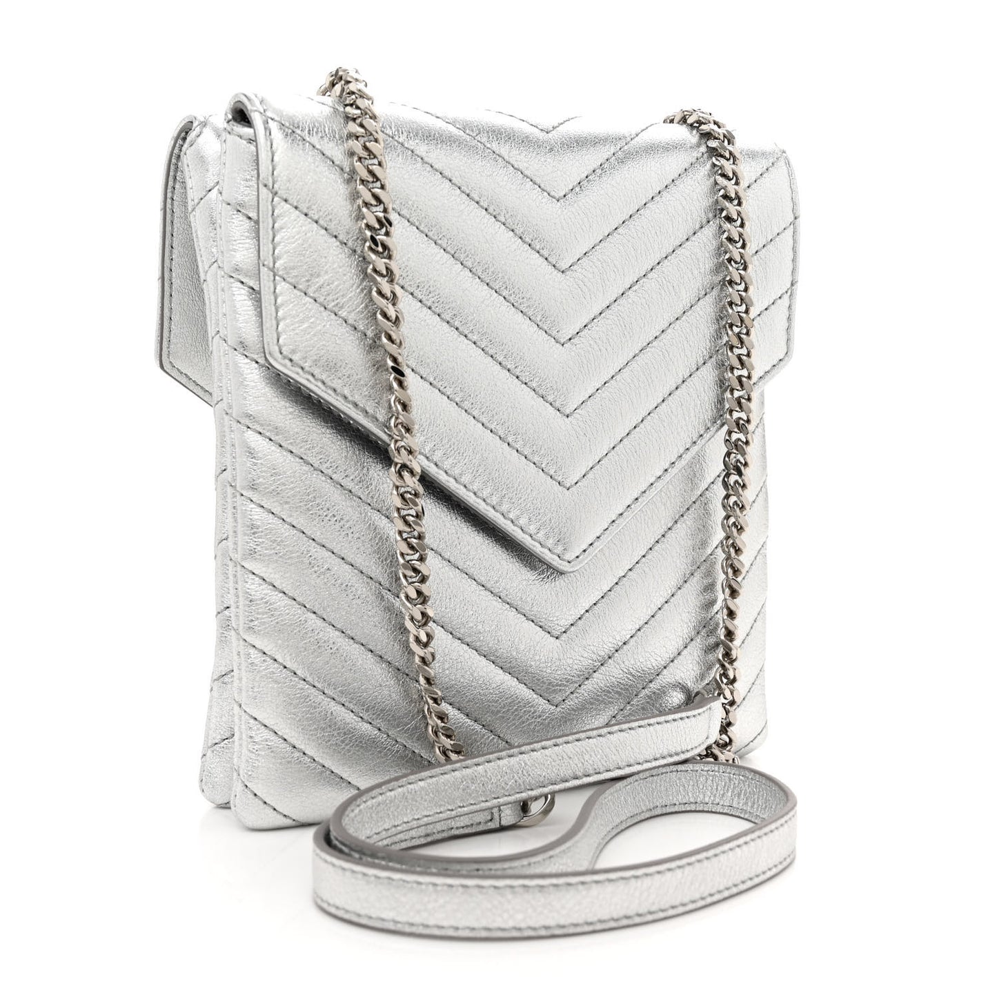 Metallic Lambskin Quilted Double Flap Bag Silver