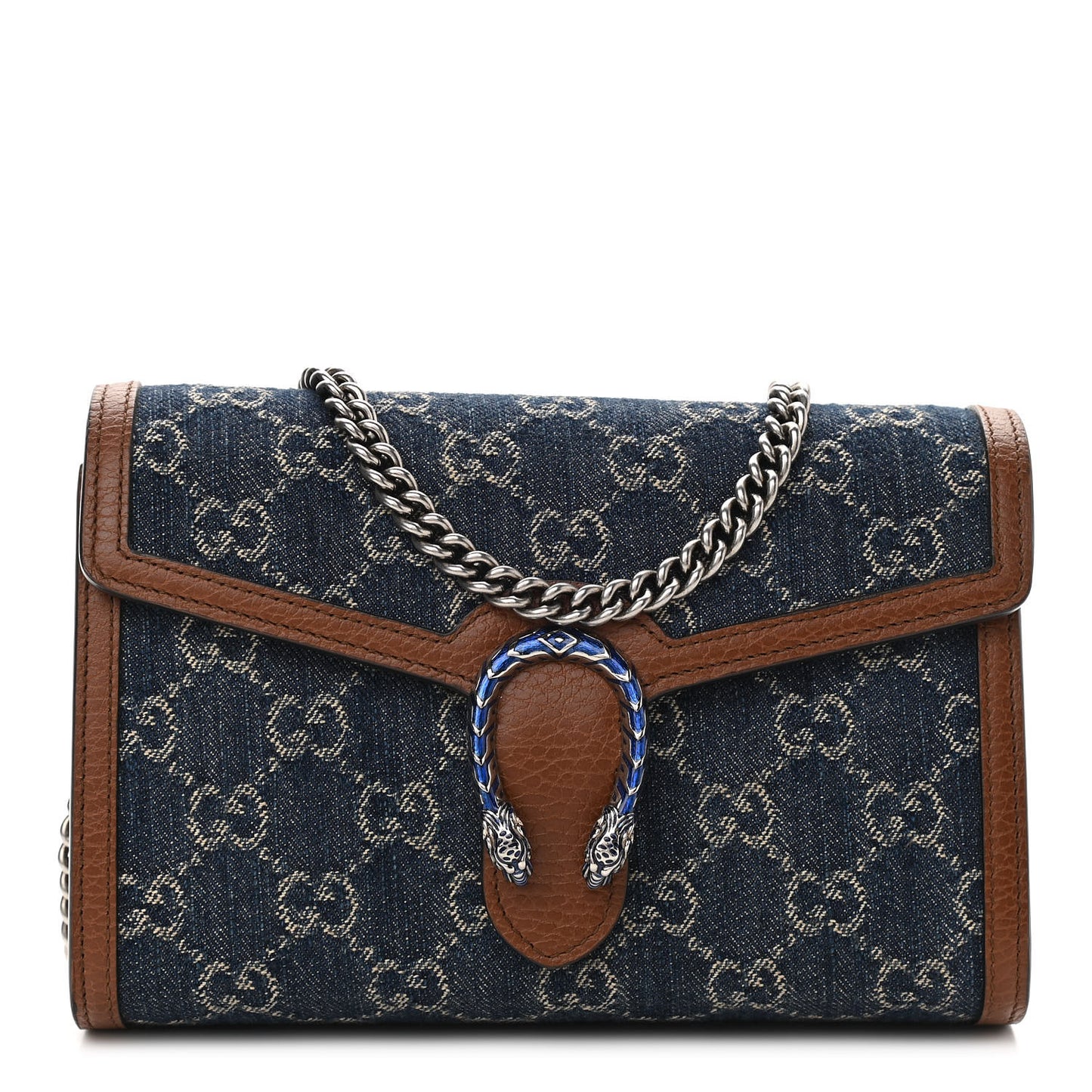 New Denim GG Monogram Dollar Calfskin Enamel Mini Dionysus Chain Wallet Blue Tea Cuir Epilog Electric Blue