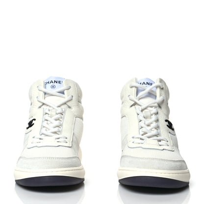 Chanel Suede Fabric Grained Calfskin Womens CC High Top Sneakers 38.5 White 2 of 7
