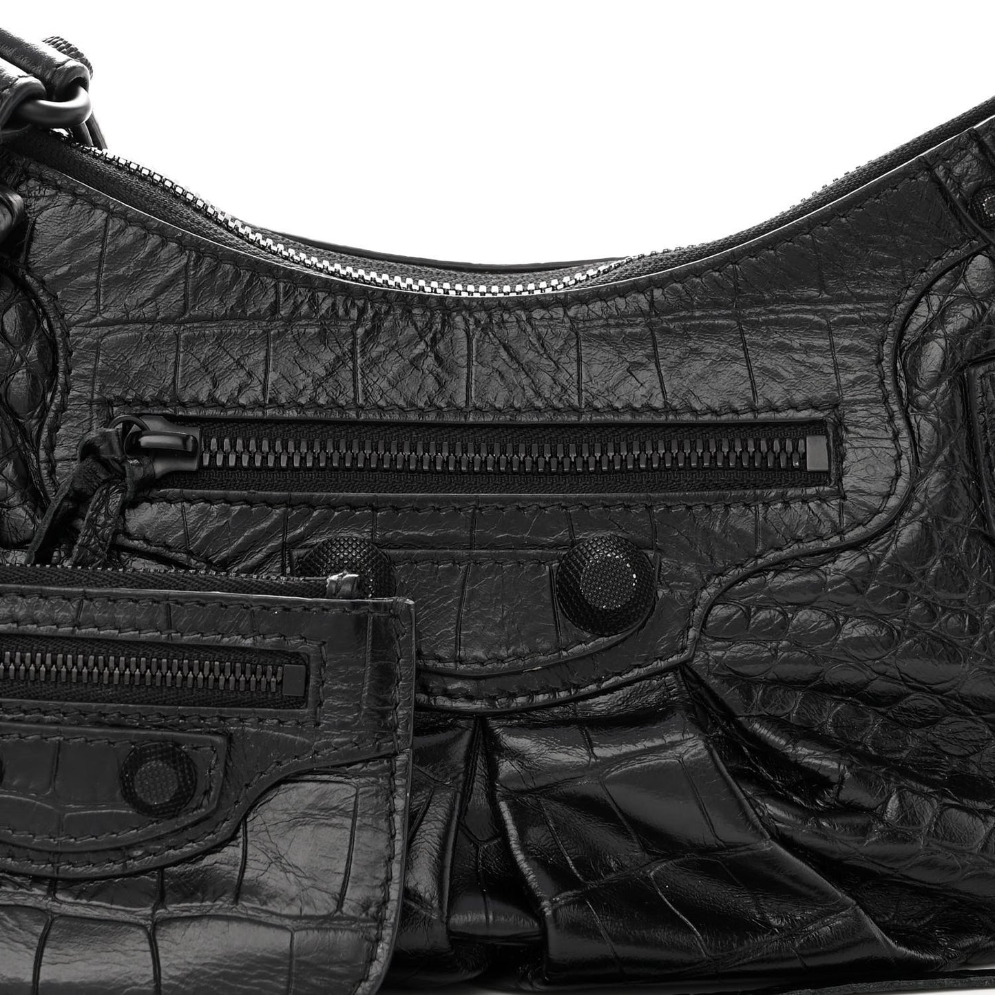 Extra Supple Calfskin Crocodile Embossed Monochrome Small Le Cagole Shoulder Bag Black