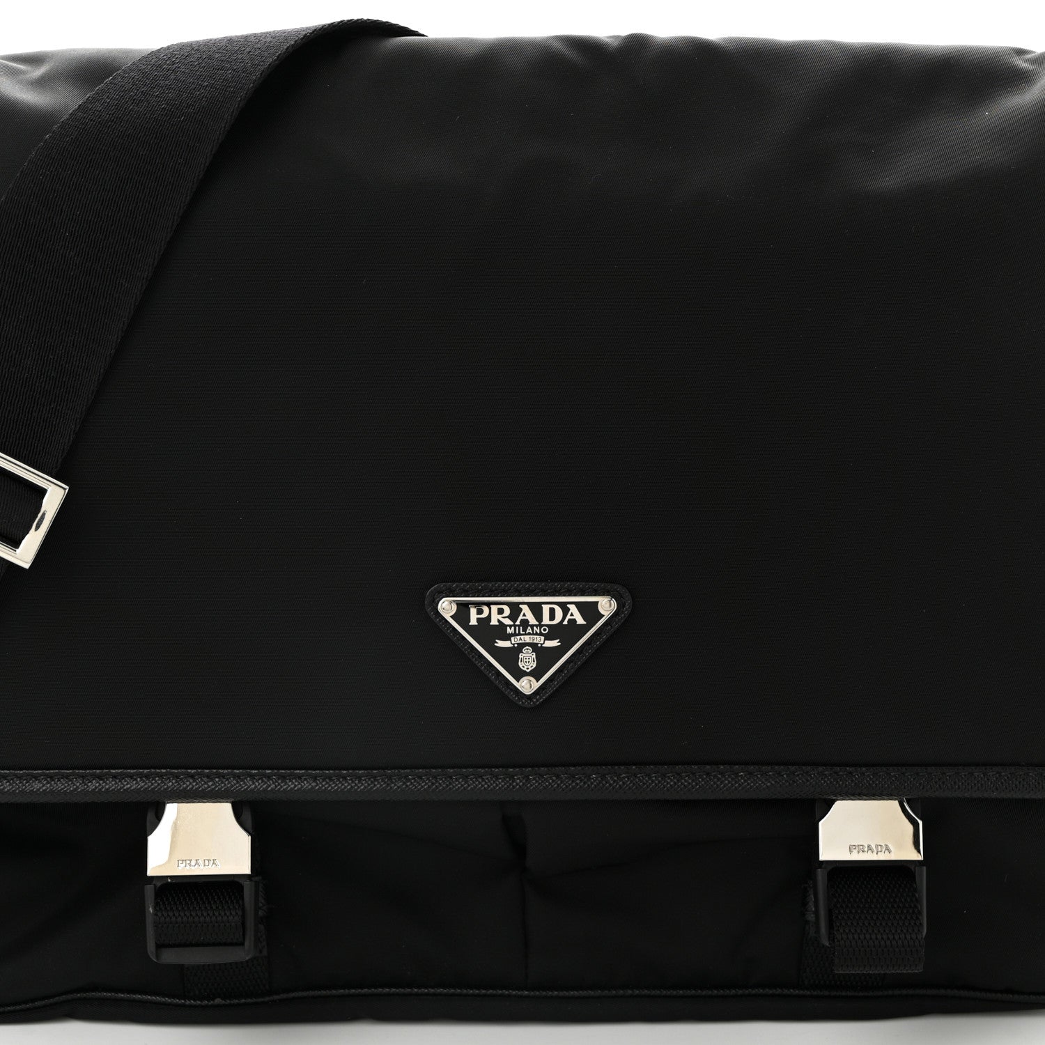 Prada Tessuto Nylon Saffiano Large Double Snap Buckle Messenger Bag Black 8 of 10