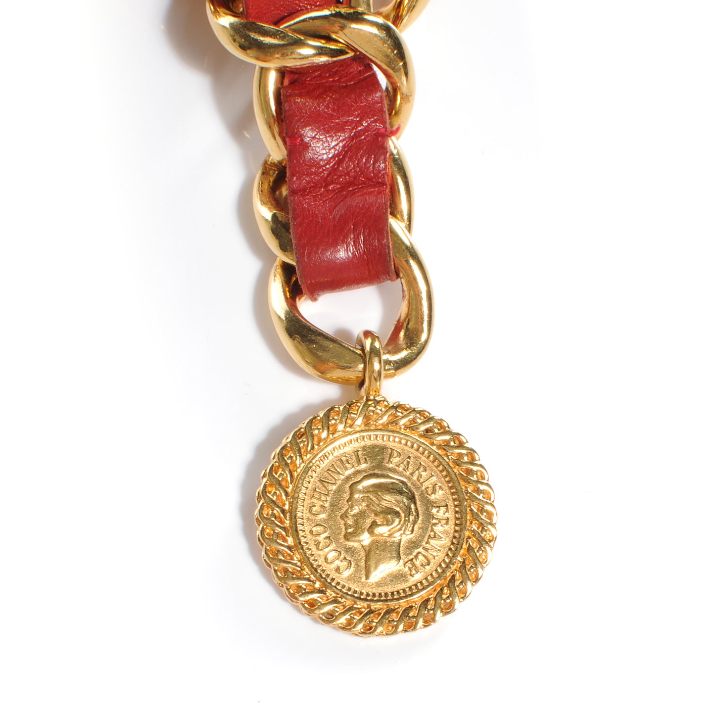 Leather Gold Chain Link Medallion Belt Red