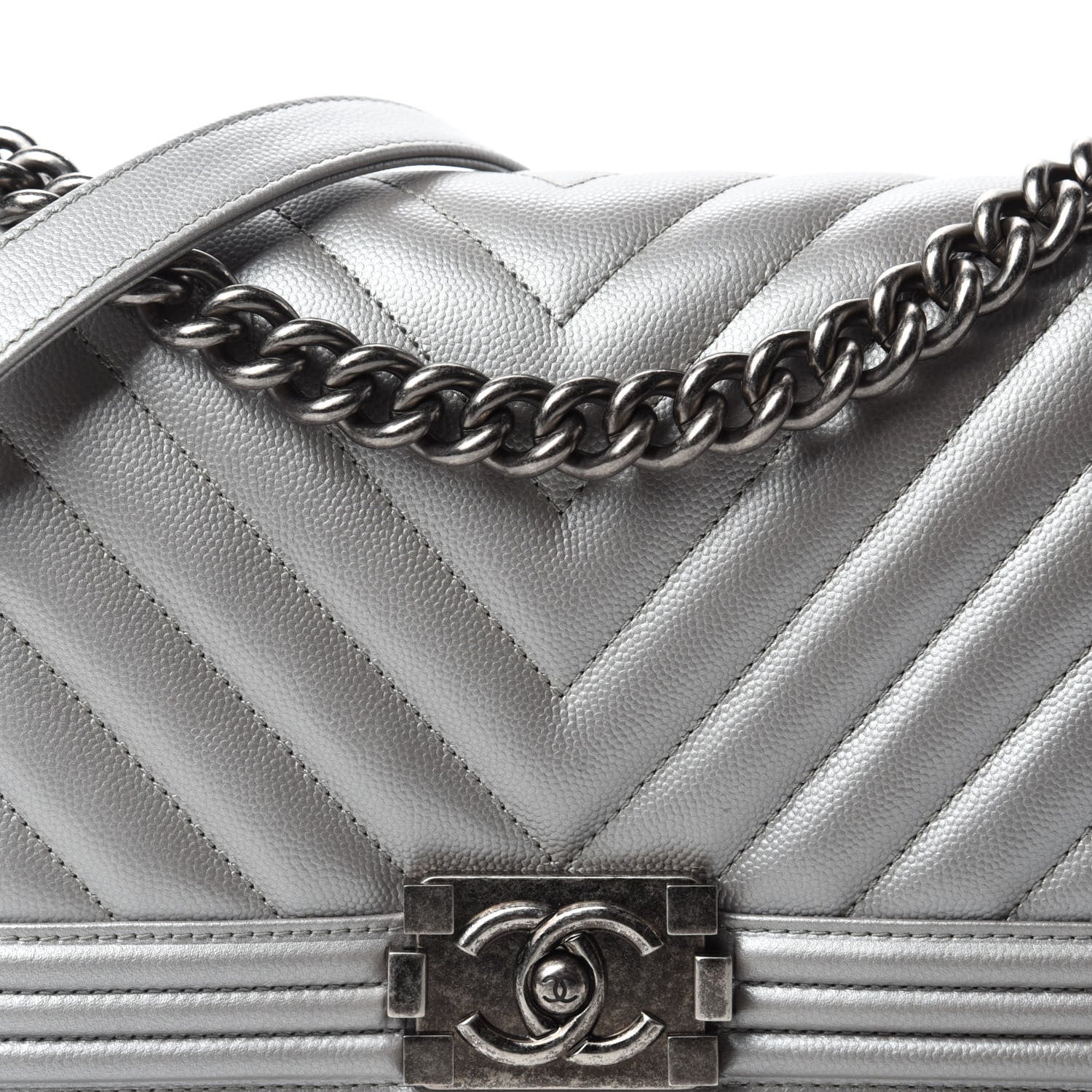 Chanel Metallic Caviar Chevron Quilted Medium Boy Flap Silver 10 of 11