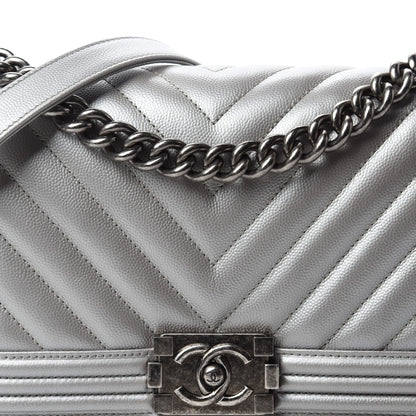 Chanel Metallic Caviar Chevron Quilted Medium Boy Flap Silver 10 of 11