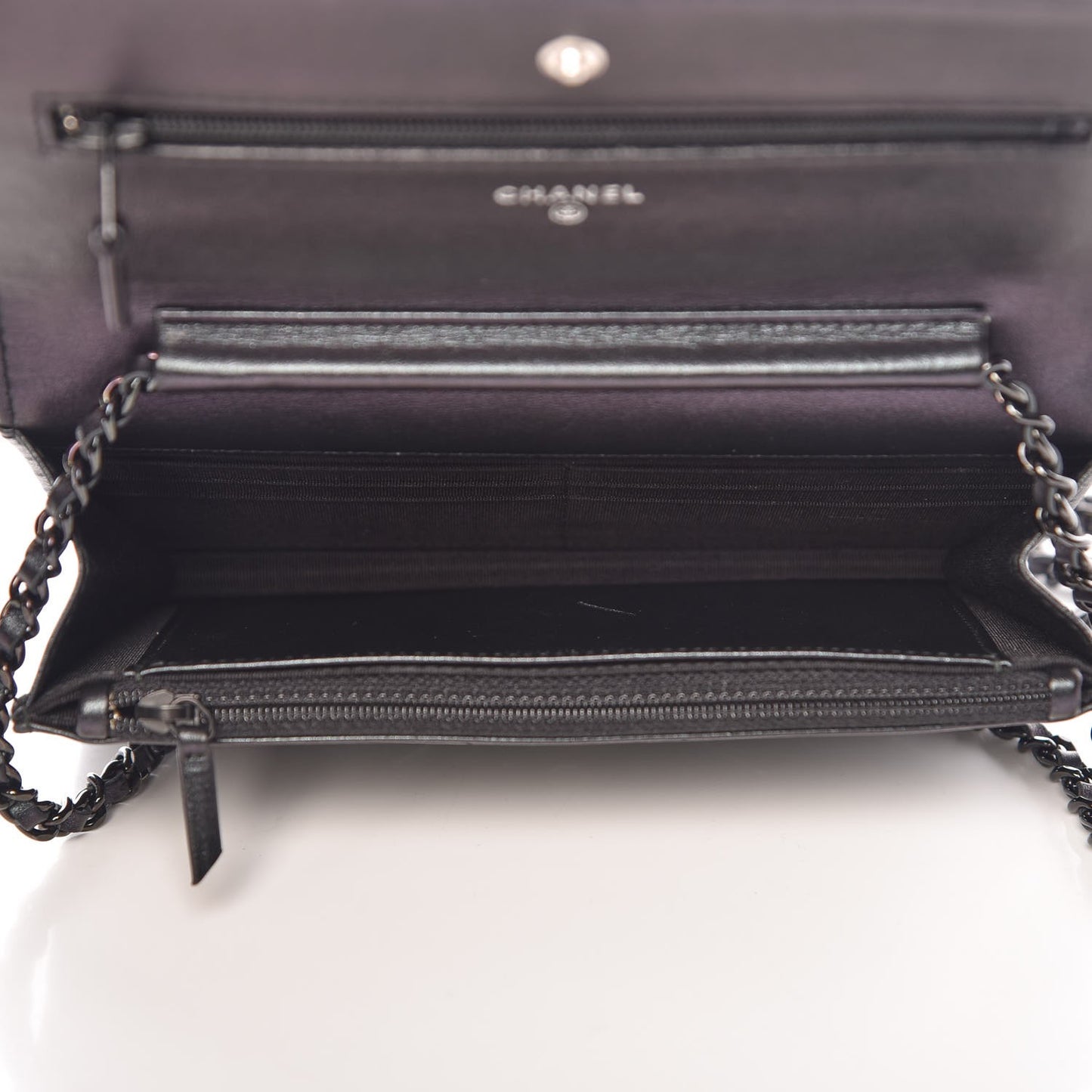 Patent Metallic Crumpled Calfskin Chevron Quilted Wallet On Chain WOC Black