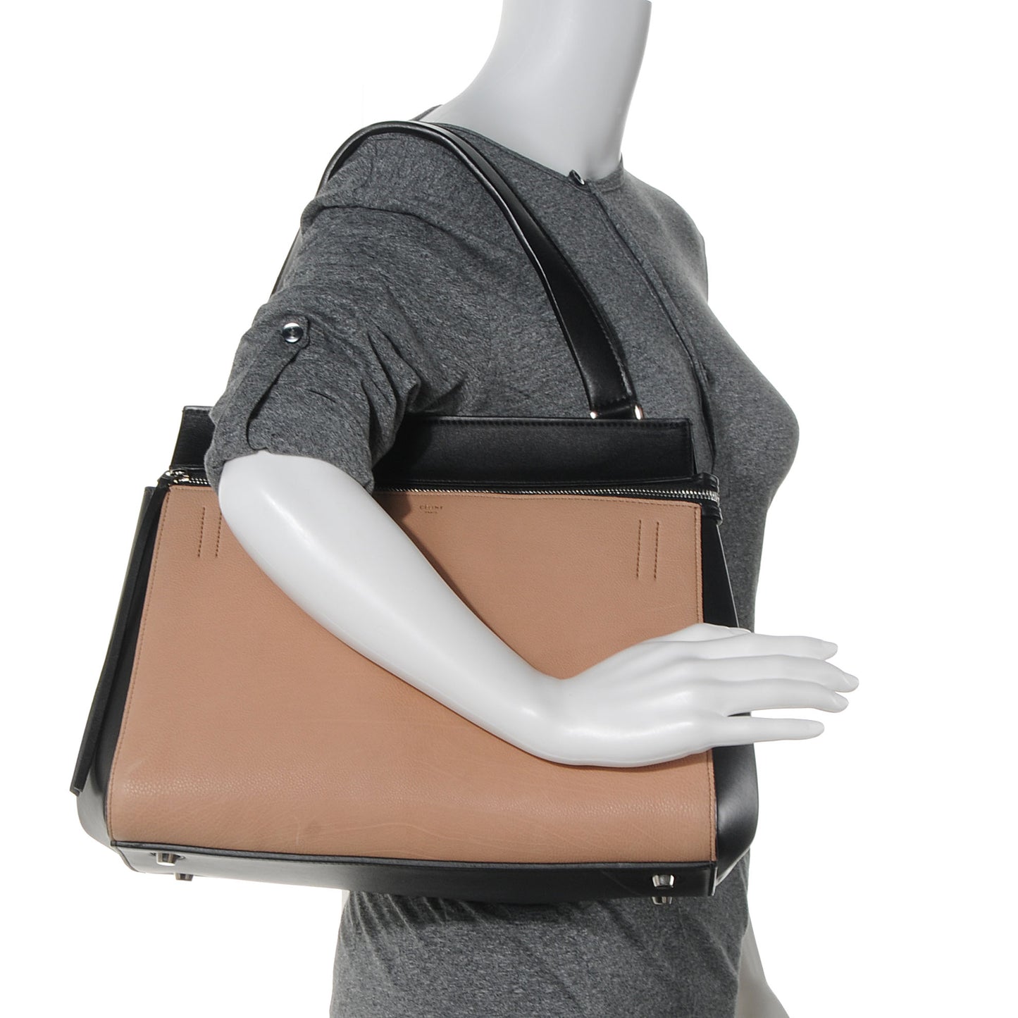 Leather Medium Bi-Color Edge Shoulder Bag Black Nude