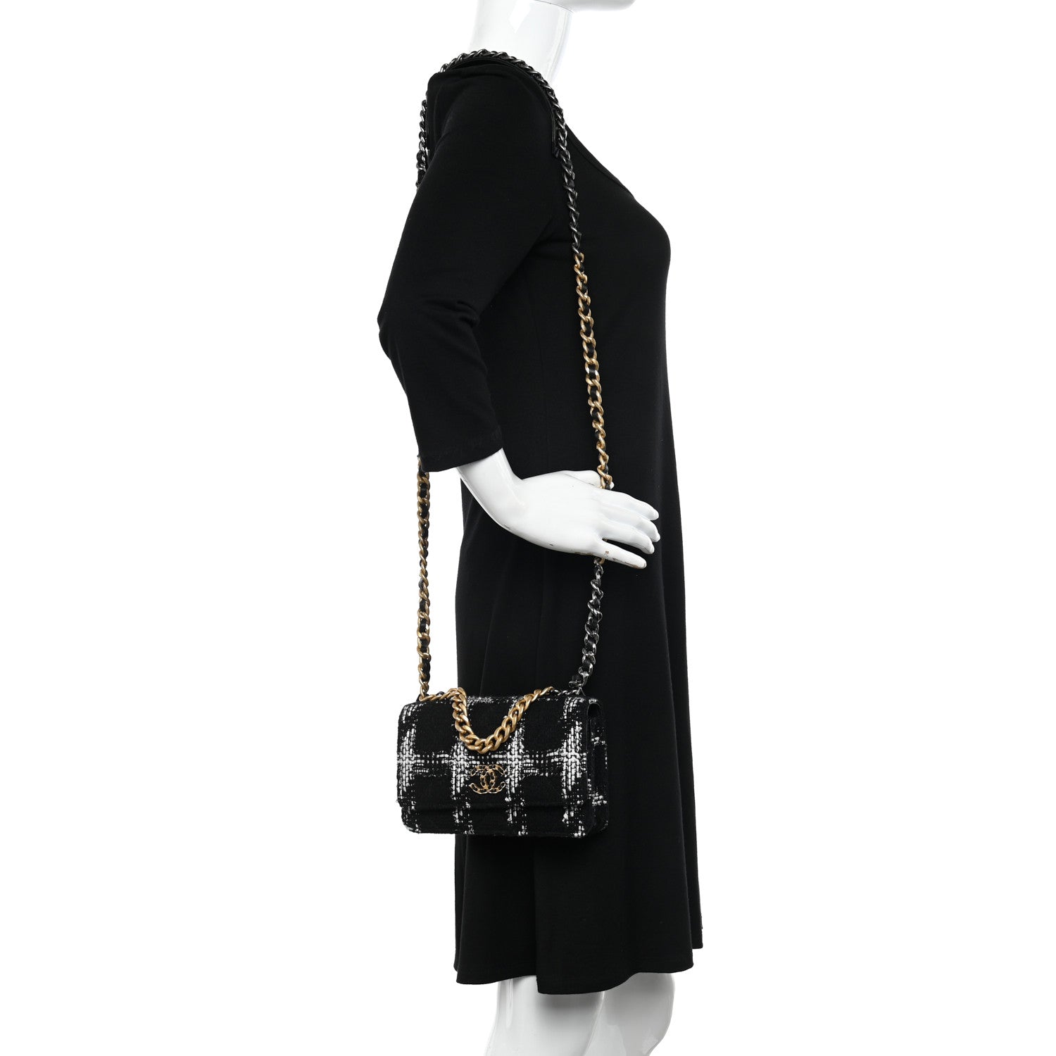 Chanel Tweed Quilted Chanel 19 Wallet On Chain WOC Black White 2 of 12