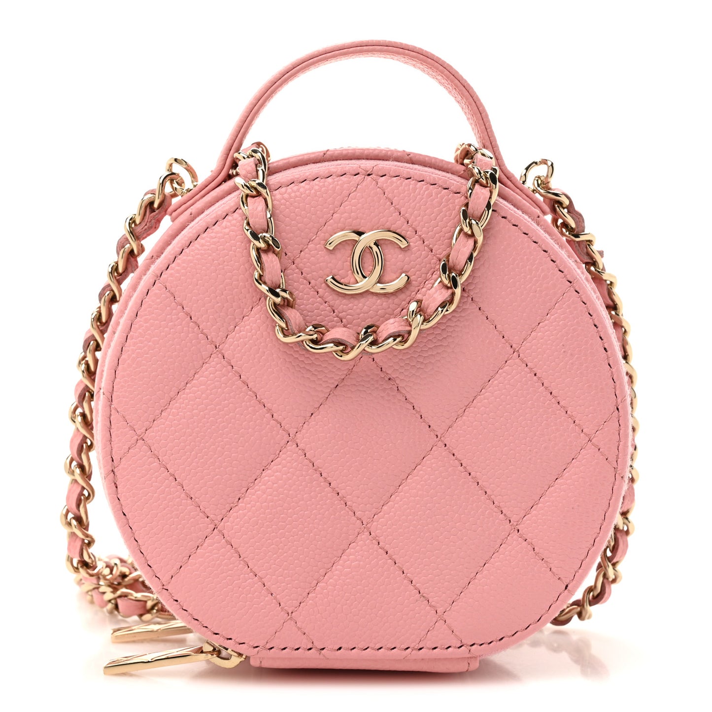 Caviar Quilted Round Handle With Care Vanity With Chain Pink