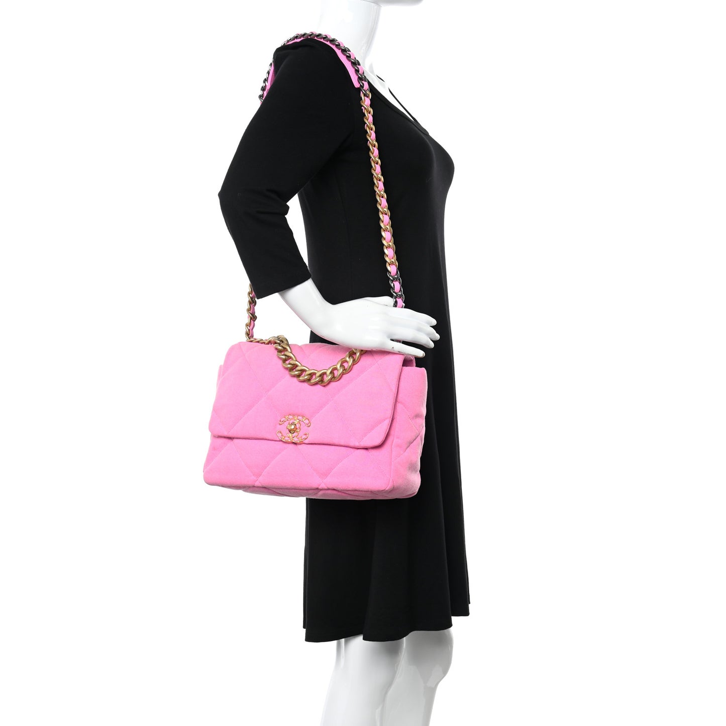 Denim Quilted Large Chanel 19 Flap Neon Pink