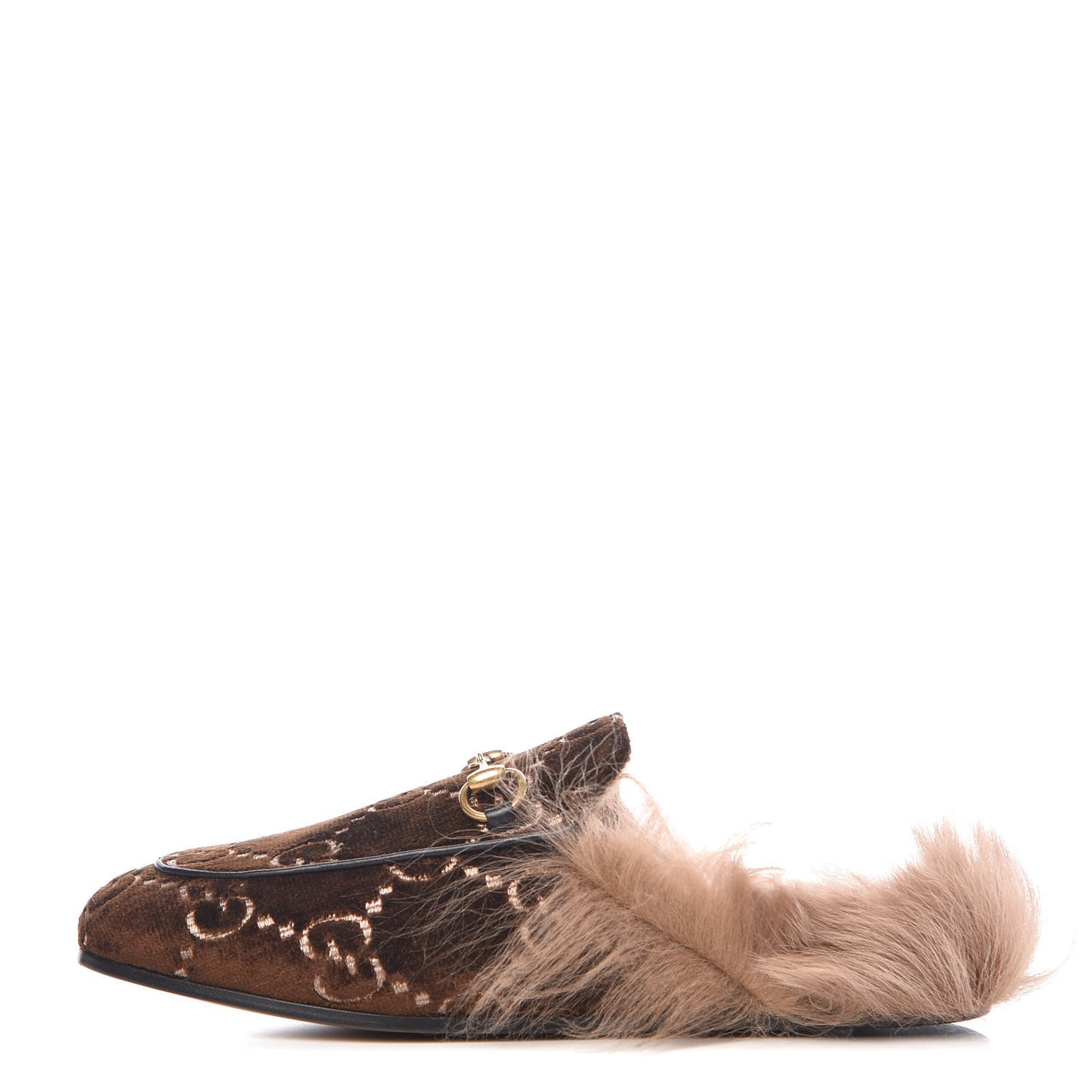 Velvet GG Monogram Fur Womens Princetown Slippers 36.5 Brown Black Natural