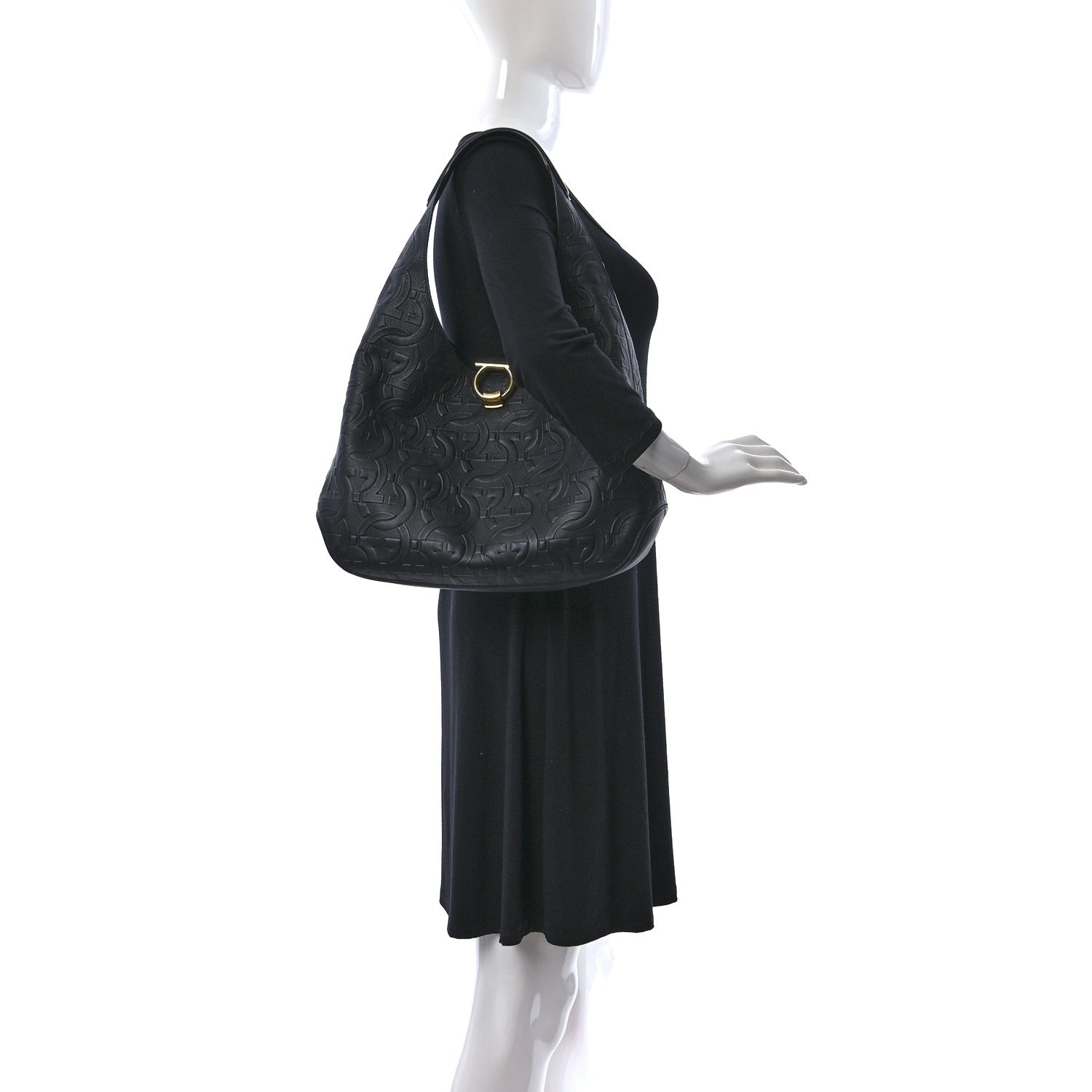 Salvatore Ferragamo Calfskin Embossed Gancini Hobo Black 2 of 16