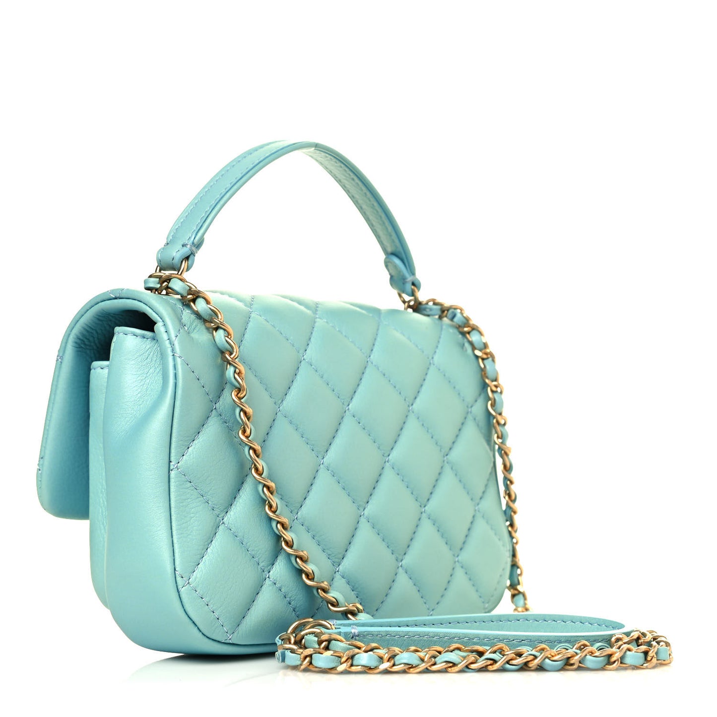 Calfskin Quilted Top Handle Flap Light Blue