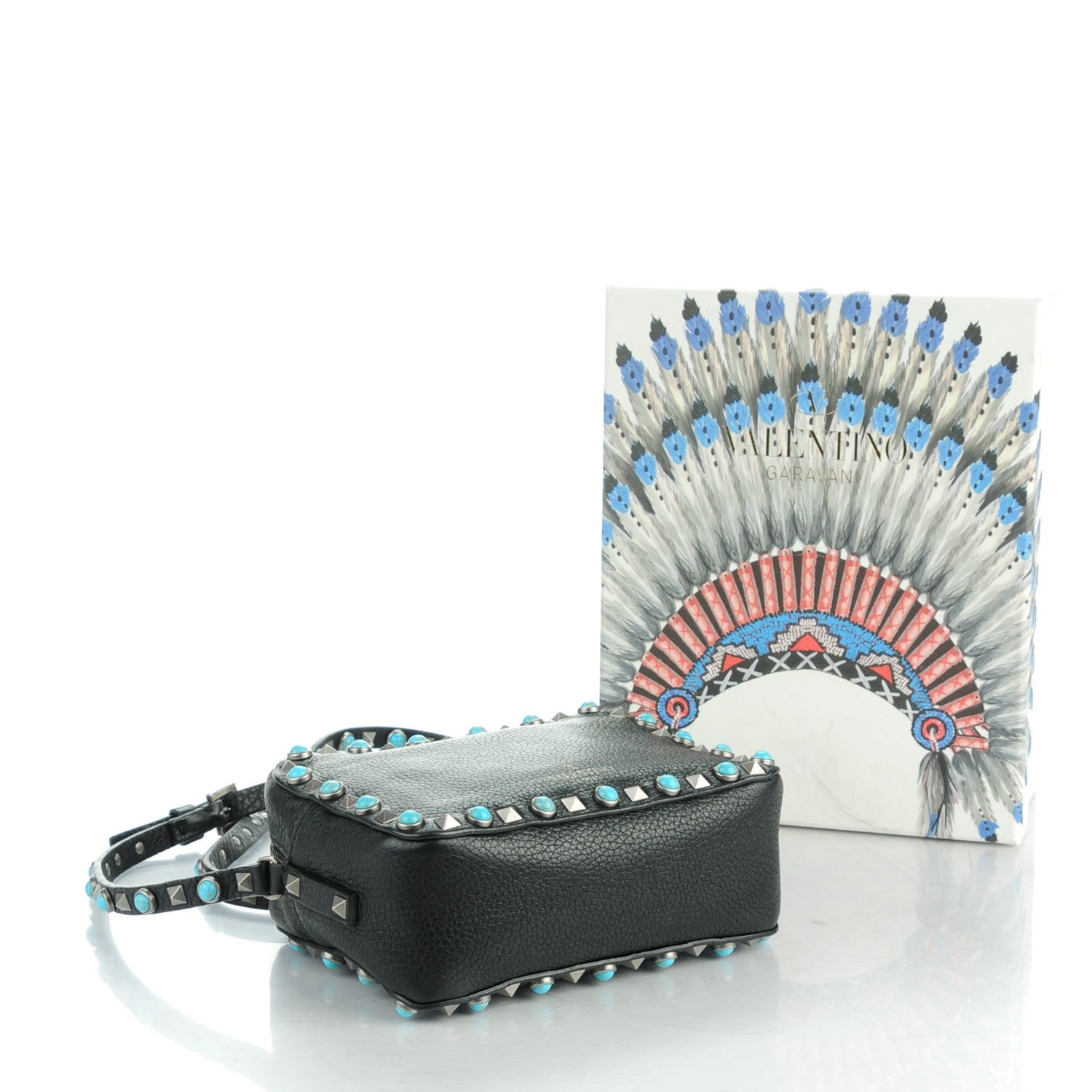 Valentino Garavani Grained Calfskin Turquoise Rockstud Rolling Camera Crossbody Bag Black 4 of 7