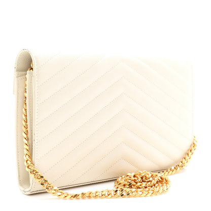 Saint Laurent Grain De Poudre Matelasse Chevron Monogram Chain Wallet Crema Soft 3 of 11
