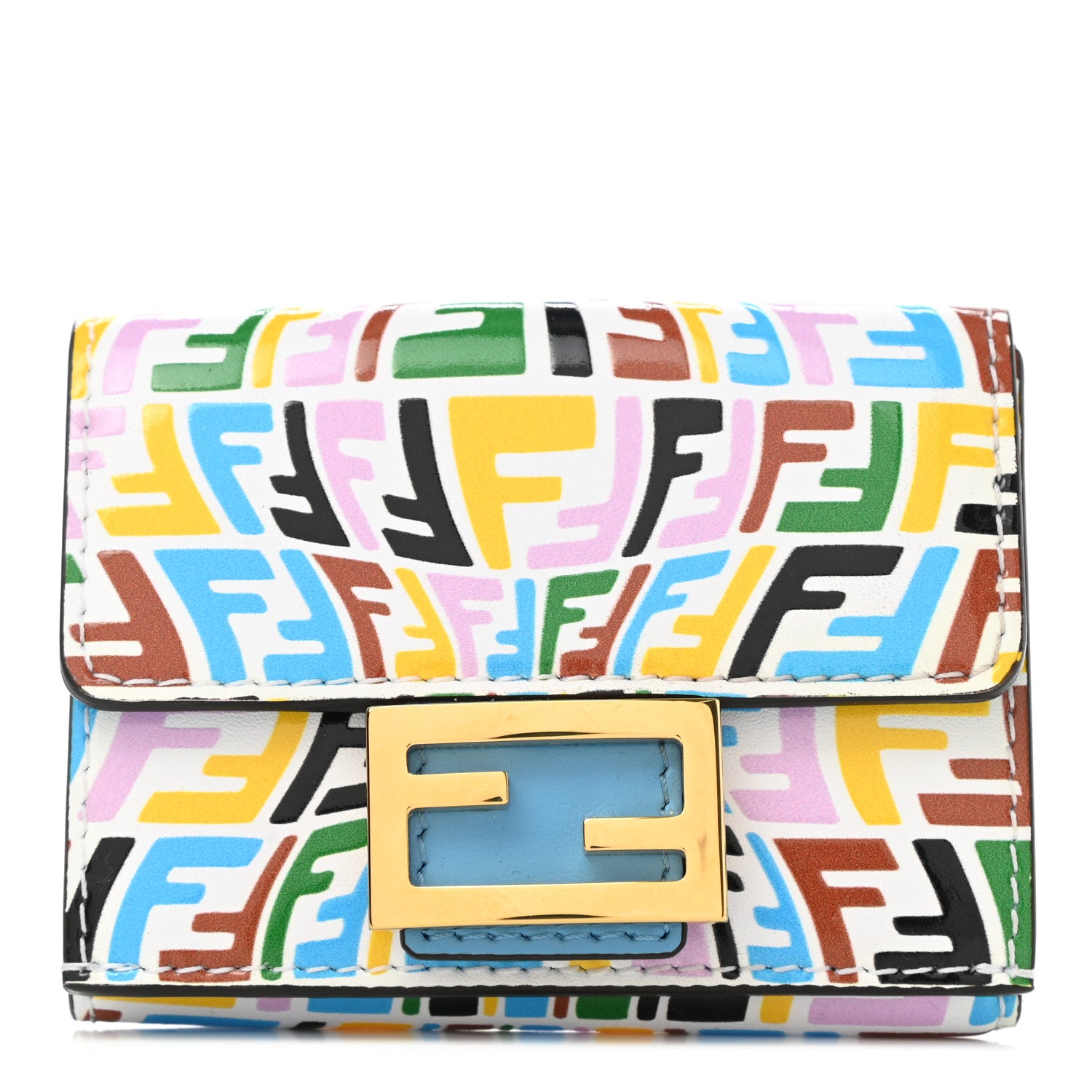 Fendi X SARAH COLEMAN Vitello FF Fish Eye Tri-Fold Wallet Multicolor Cyber Blue 1 of 8