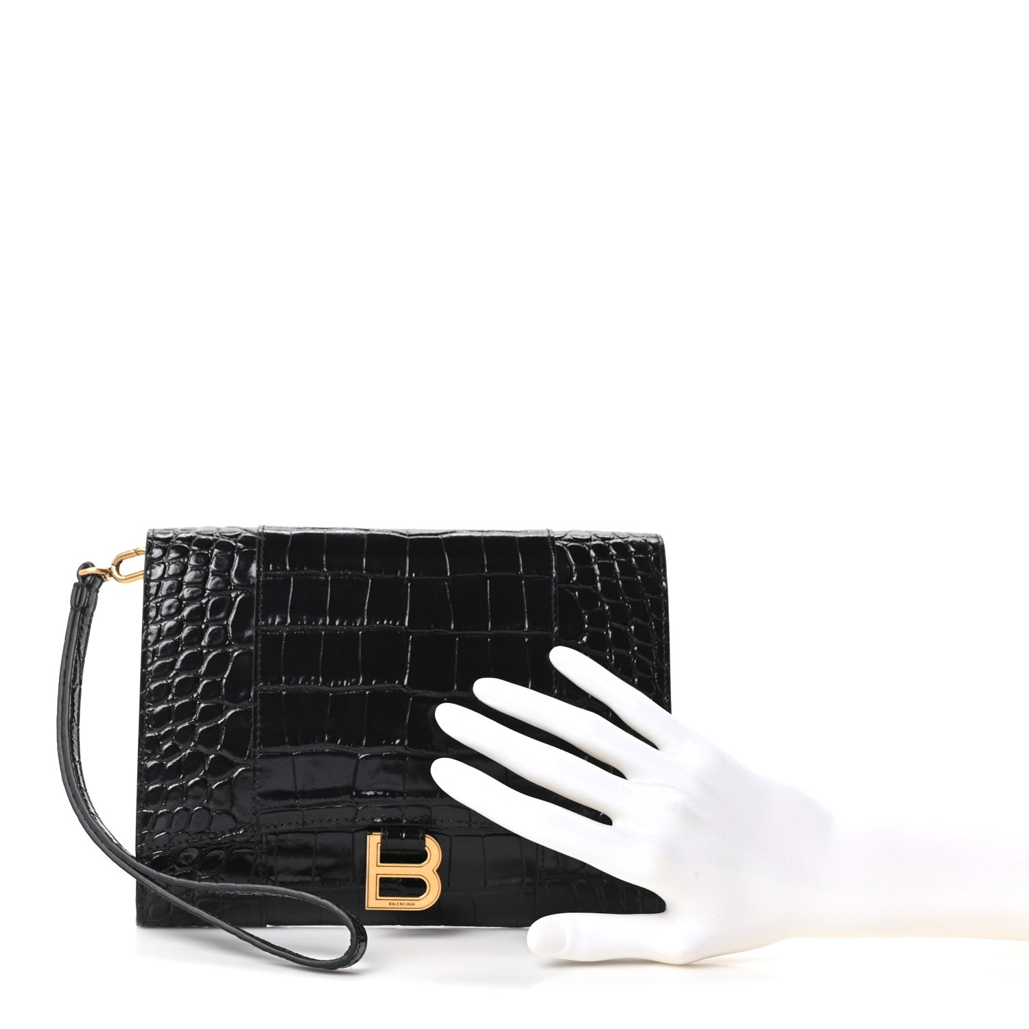 Balenciaga Shiny Calfskin Crocodile Embossed Hourglass Gusset Pouch Black 2 of 9
