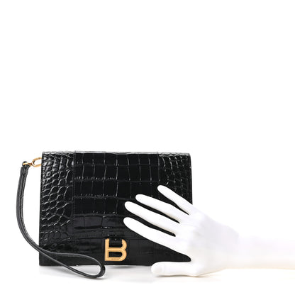 Balenciaga Shiny Calfskin Crocodile Embossed Hourglass Gusset Pouch Black 2 of 9