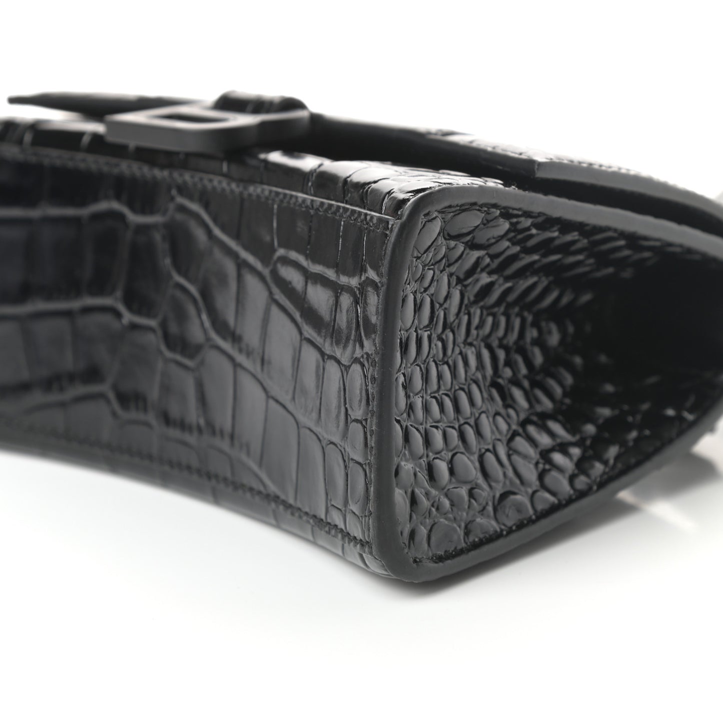 Shiny Calfskin Monochrome Crocodile Embossed Hourglass Top Handle Bag XS Black