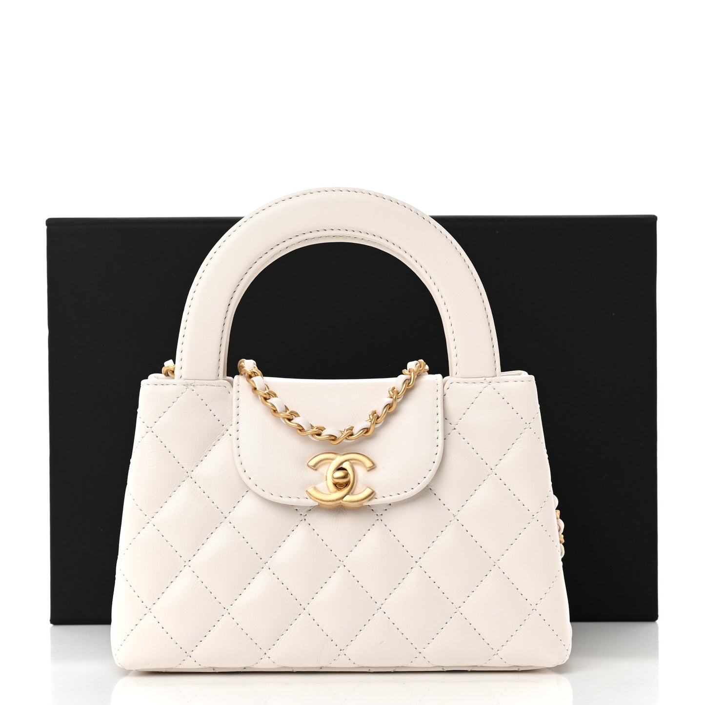 Shiny Aged Calfskin Quilted Nano Kelly Shopper White