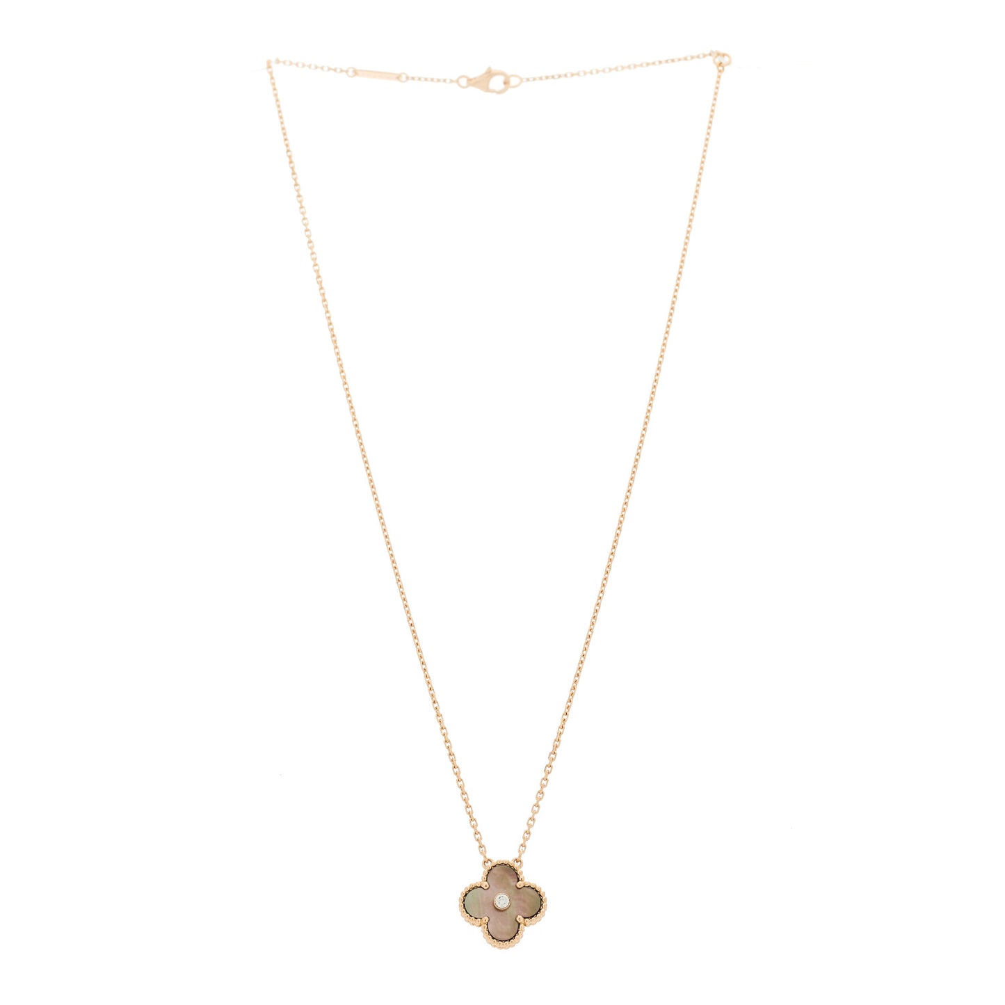 18K Rose Gold Diamond Grey Mother of Pearl Vintage Alhambra Pendant Necklace