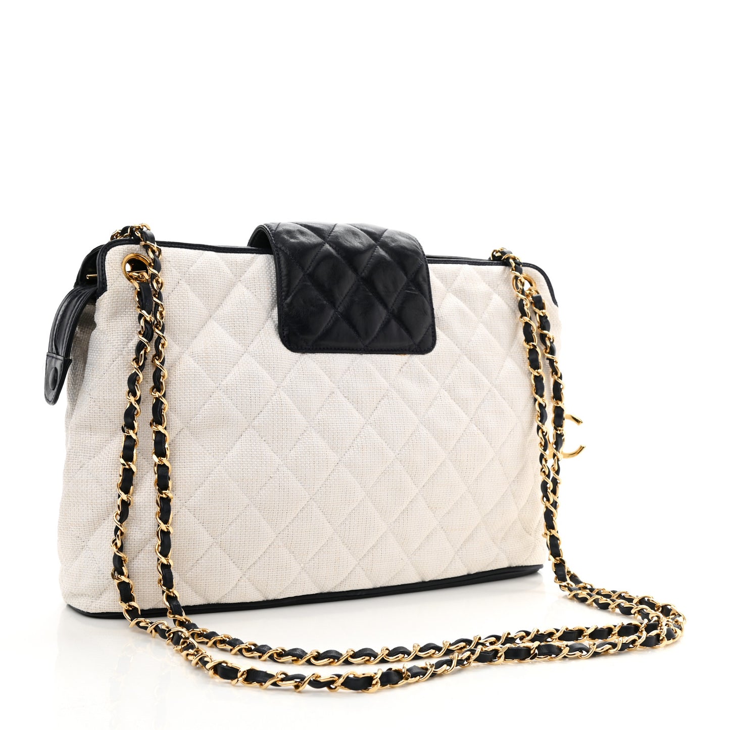 Woven RaffiaLambskin Quilted Chain Shoulder Bag White Blue