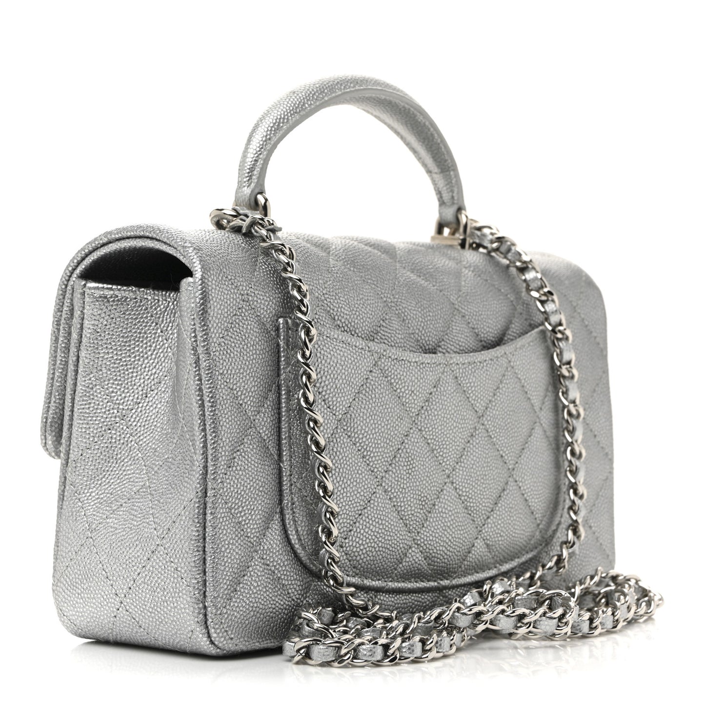 Metallic Caviar Quilted Mini Top Handle Rectangular Flap Silver
