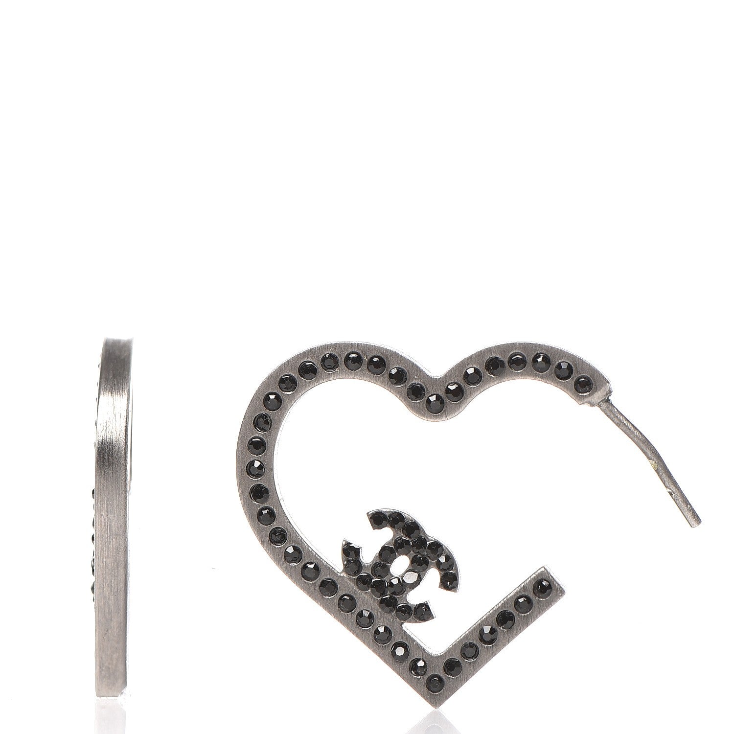 Chanel Ruthenium Crystal CC Heart Hoop Earrings Black 1 of 3