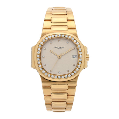 Patek Philippe 18K Yellow Gold Diamond Bezel 37mm Nautilus Quartz Watch Silver 3800/3 1 of 5