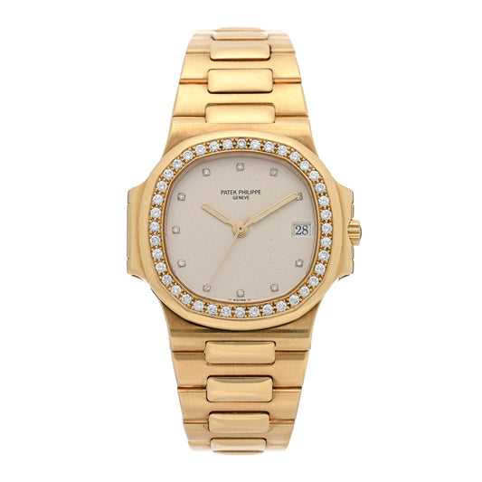 18K Yellow Gold Diamond Bezel 37mm Nautilus Quartz Watch Silver 3800/3