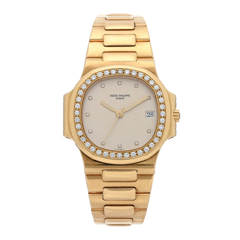 18K Yellow Gold Diamond Bezel 37mm Nautilus Quartz Watch Silver 3800/3
