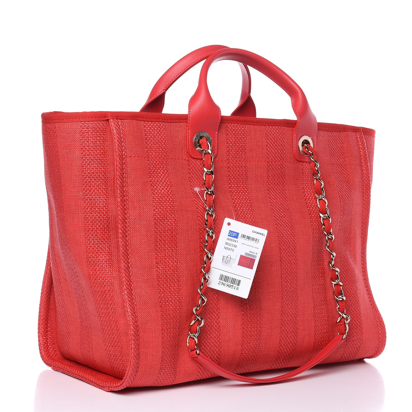 Straw Raffia Calfskin Striped Large Deauville Tote Red