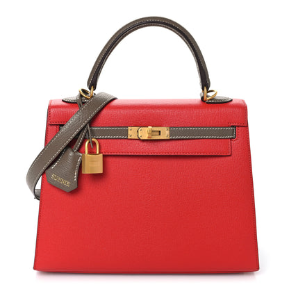 Hermes Chevre Chandra Bi-Color Horseshoe Kelly Sellier 25 Rouge De Coeur Etoupe 1 of 14