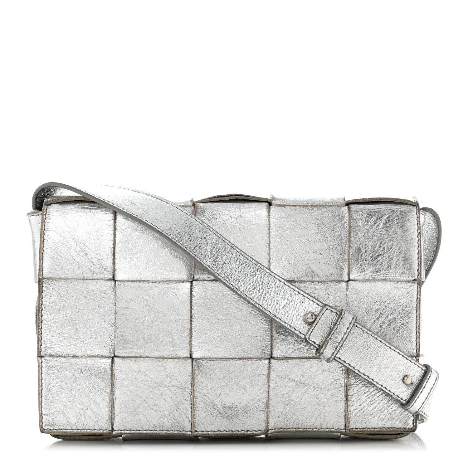 Bottega Veneta Metallic Lambskin Maxi Intrecciato Cassette Crossbody Bag Silver 1 of 12