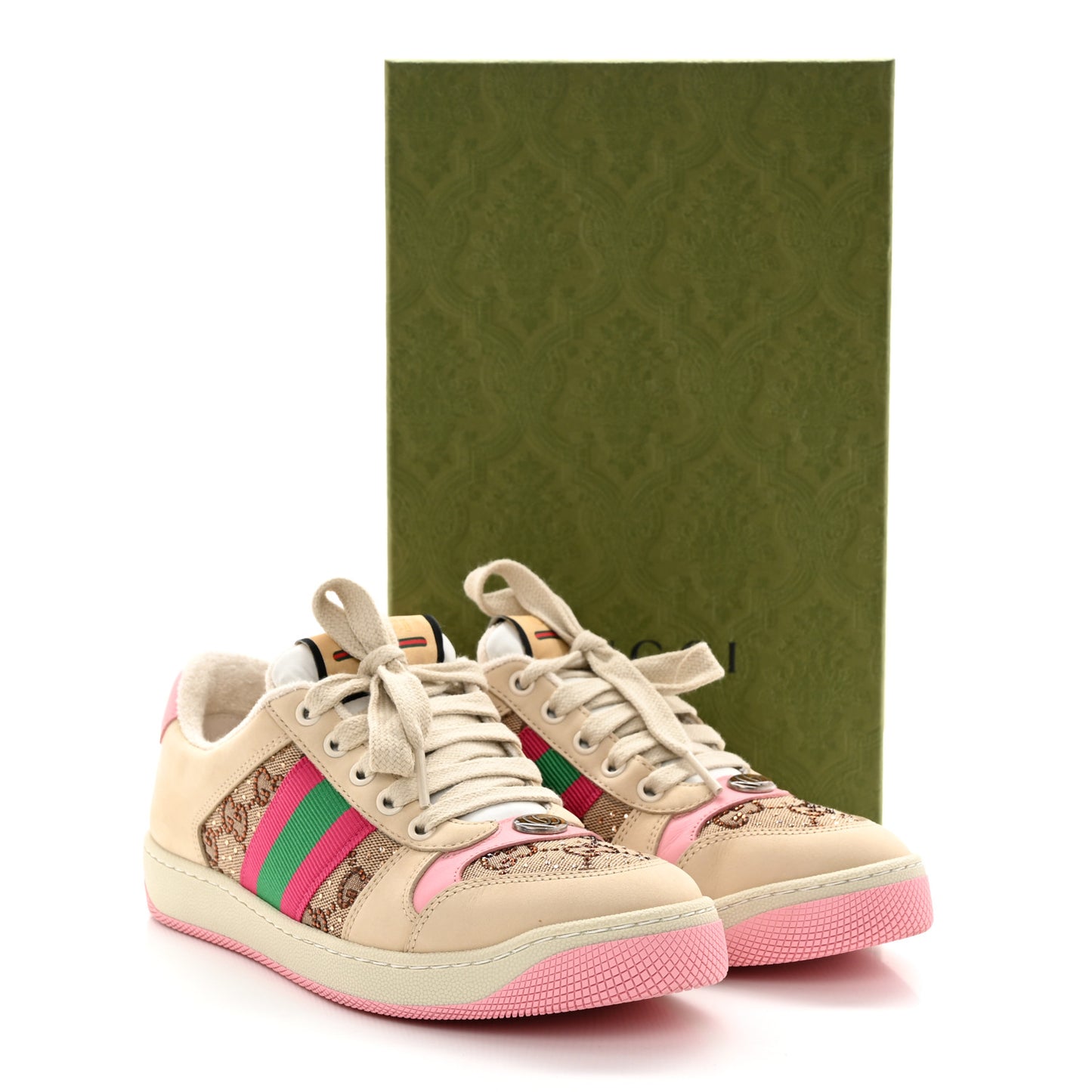 Calfskin GG Supreme Crystals Web Screener Sneakers 37.5 Beige Ebony Wild Rose