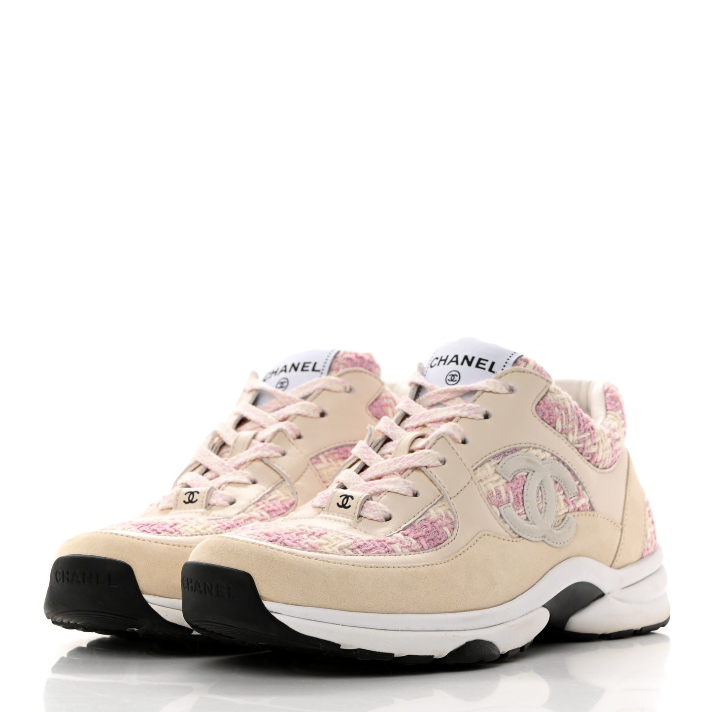 Tweed Suede Calfskin Womens CC Sneakers 39 Pink Ecru
